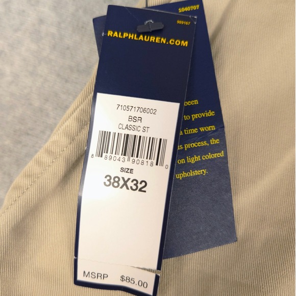 Polo Ralph Lauren Classic Fit Chino Pants Khaki Mens Size 38x32 Relaxed - Picture 2 of 8